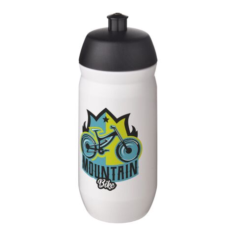 Werbeartikel Sport Trinkflasche 500 ml HydroFlex Klappdeckel MDPE Squeezy Flasche BPA-frei hergestellt in UK – schwarz-transparent – mit Logo bedruckt