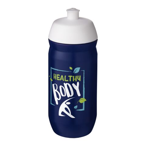Werbeartikel Sport Trinkflasche 500 ml HydroFlex Klappdeckel MDPE Squeezy Flasche BPA-frei hergestellt in UK – weiß-blau – mit Logo bedruckt