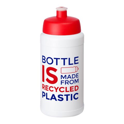 Werbeartikel Baseline 500 ml Sportflasche aus In-house recyceltem Kunststoff Made in UK mit Push-Pull-Verschluss – transparent-rot – mit Logo bedruckt