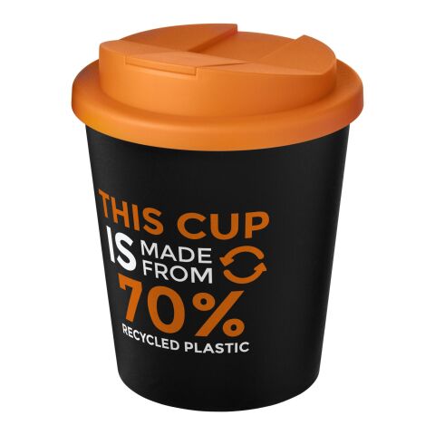 Nachhaltiger Werbeartikel Americano Espresso Eco 250 ml recycelter Isolierbecher mit auslaufsicherem Deckel – schwarz-orange – mit Logo bedruckt