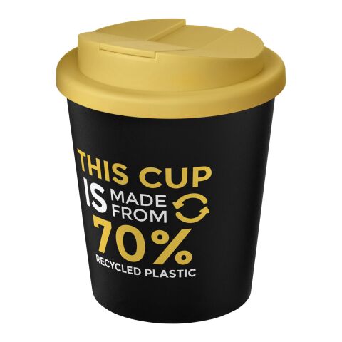 Firmengeschenk Trinkbecher Americano Espresso – schwarz-gelb – mit Logo bedruckt, 250ml 100% rPP, Made in UK, nachhaltige Mehrwegflasche