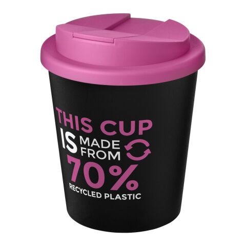 Nachhaltiger Werbeartikel Americano Espresso Eco 250 ml recycelter Isolierbecher mit auslaufsicherem Deckel – schwarz-magenta – mit Logo bedruckt