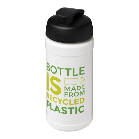 Nachhaltiger Werbeartikel Baseline 500 ml recycelte Sportflasche mit Klappdeckel – weiß-schwarz