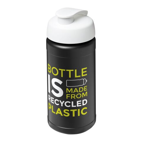 Nachhaltiger Werbeartikel Baseline 500 ml recycelte Sportflasche mit Klappdeckel – schwarz-weiss – mit Logo bedruckt