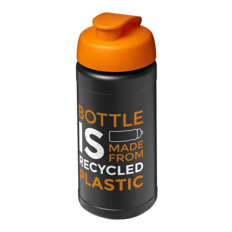 Nachhaltiger Werbeartikel Baseline 500 ml recycelte Sportflasche mit Klappdeckel – schwarz-orange – mit Logo bedruckt