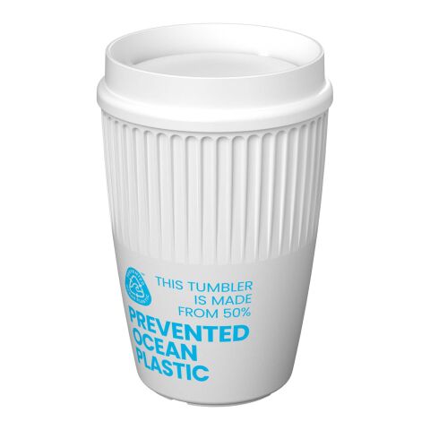Werbeartikel Cirrus 350 ml Coffee-to-go Kaffeebecher einwandig mit Deckel & Isolierrillen aus Recycling-Kunststoff mit 360°-Deckel – weiß – mit Logo