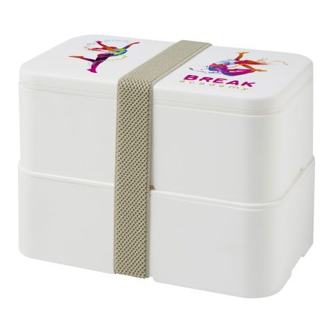 Werbeartikel MIYO Doppel-Lunchbox – weiß-kieselgrau – mit Logo bedruckt