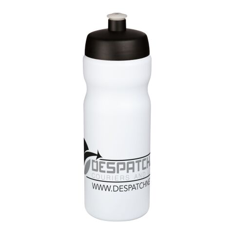 Werbeartikel Baseline Plus 650 ml Sportflasche einwandig Made in UK mit auslaufsicherem Push-Pull-Deckel & Griffzone – weiß-schwarz – mit Logo