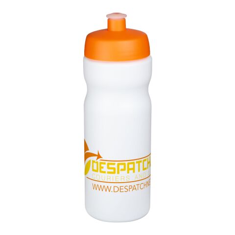Werbeartikel Baseline Plus 650 ml Sportflasche einwandig Made in UK mit auslaufsicherem Push-Pull-Deckel & Griffzone – weiss-orange – mit Logo