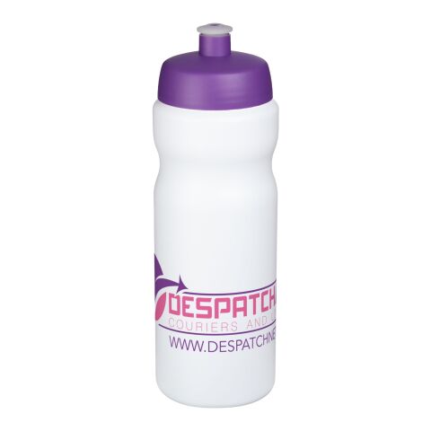 Werbeartikel Baseline Plus 650 ml Sportflasche einwandig Made in UK mit auslaufsicherem Push-Pull-Deckel & Griffzone – weiss-lila – mit Logo bedruckt