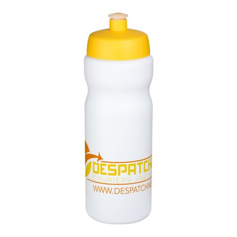 Werbeartikel Baseline Plus 650 ml Sportflasche einwandig Made in UK mit auslaufsicherem Push-Pull-Deckel & Griffzone – weiss-gelb – mit Logo bedruckt