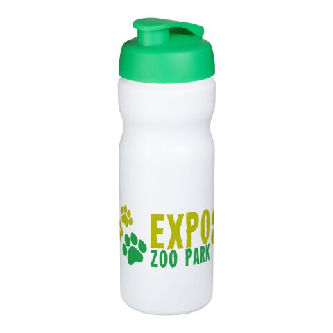 Werbeartikel Baseline Plus 650 ml Sportflasche einwandig mit auslaufsicherem Klappdeckel Made in UK – weiß-grün – mit Logo bedruckt