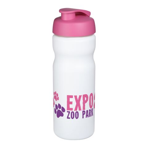Werbeartikel Baseline Plus 650 ml Sportflasche einwandig mit auslaufsicherem Klappdeckel Made in UK – weiß-rosa – mit Logo bedruckt