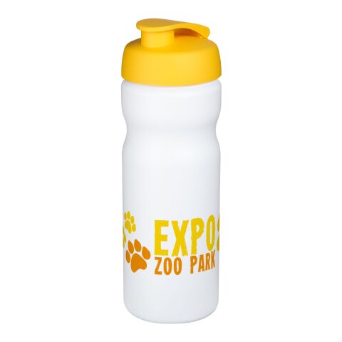Werbeartikel Baseline Plus 650 ml Sportflasche einwandig mit auslaufsicherem Klappdeckel Made in UK – weiß-gelb – mit Logo bedruckt