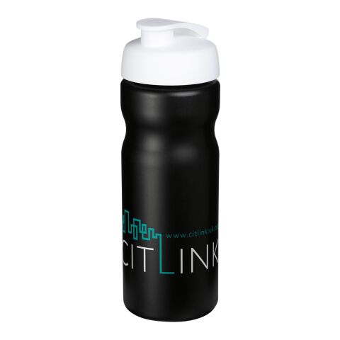 Werbeartikel Baseline Plus 650 ml Sportflasche einwandig mit auslaufsicherem Klappdeckel Made in UK – schwarz-transparent – mit Logo bedruckt