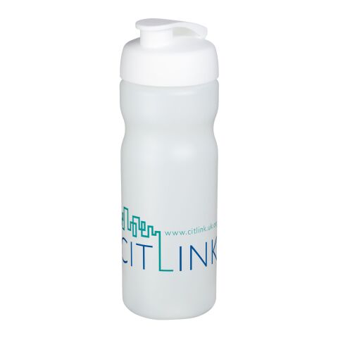 Werbeartikel Baseline Plus 650 ml Sportflasche einwandig mit auslaufsicherem Klappdeckel Made in UK – weiß-transparent – mit Logo bedruckt