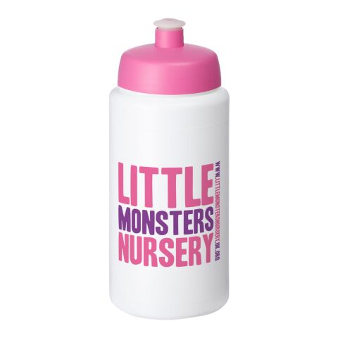 Werbeartikel Baseline Plus Grip Sport Trinkflasche 500 ml HDPE Push-Pull Sportdeckel einwandig hergestellt in UK BPA-frei – weiß-rosa – mit Logo