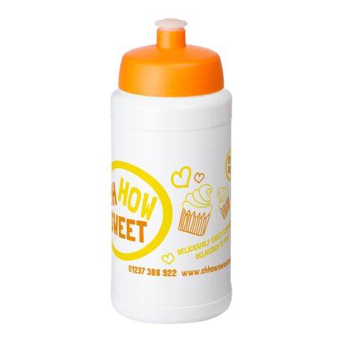 Werbeartikel Baseline Plus 500 ml Flasche mit Sportdeckel – weiss-orange – mit Logo bedruckt