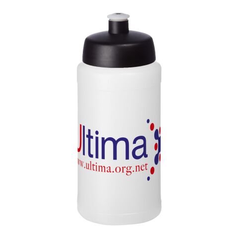 Werbeartikel Baseline Plus 500 ml Sportflasche einwandig Made in UK mit auslaufsicherem Push-Pull-Deckel & Griffzone – weiss-schwarz – mit Logo