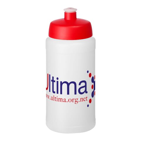 Werbeartikel Baseline Plus 500 ml Sportflasche einwandig Made in UK mit auslaufsicherem Push-Pull-Deckel & Griffzone – weiss-rot – mit Logo bedruckt