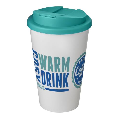 Werbeartikel Americano 350 ml Coffee-to-go Isolierbecher auslaufsicher mit Schraubverschluss Made in UK – weiss-aquablau – mit Logo bedruckt