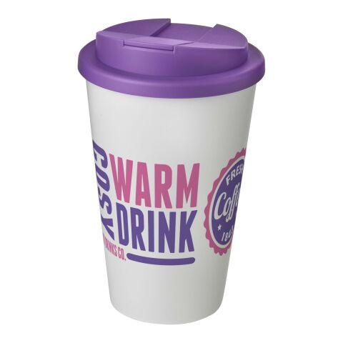 Werbeartikel Americano 350 ml Coffee-to-go Isolierbecher auslaufsicher mit Schraubverschluss Made in UK – weiß-lila – mit Logo bedruckt