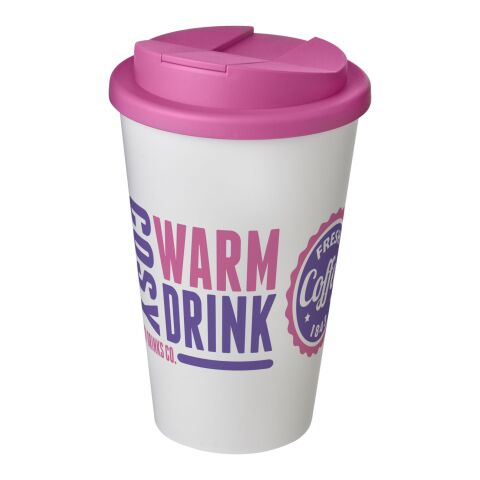 Werbeartikel Americano 350 ml Coffee-to-go Isolierbecher auslaufsicher mit Schraubverschluss Made in UK – weiss-magenta – mit Logo bedruckt