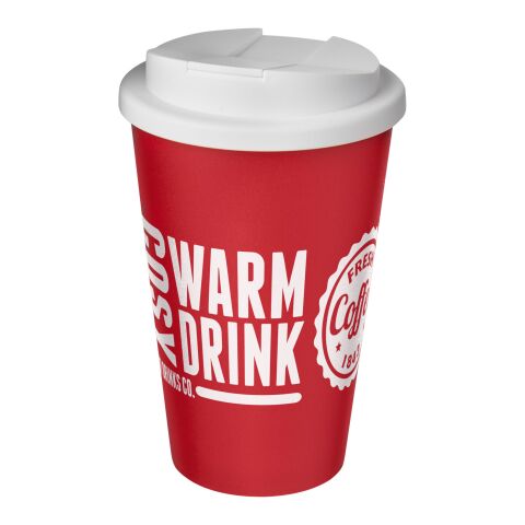 Werbeartikel Americano® 350 ml Isolierbecher mit auslaufsicherem Schraubverschluss – rot-weiss – mit Logo bedruckt
