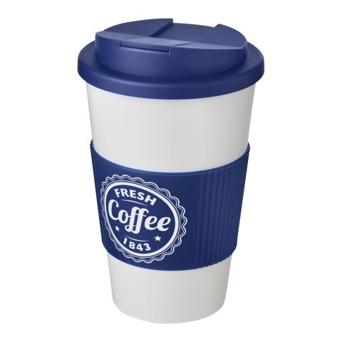 Nachhaltiger Werbeartikel Americano 350 ml Isolierbecher mit Schutzring & auslaufsicherem Schraubverschluss – weiss-blau – mit Logo bedruckt