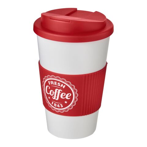 Nachhaltiger Werbeartikel Americano 350 ml Isolierbecher mit Schutzring & auslaufsicherem Schraubverschluss – transparent-rot – mit Logo bedruckt