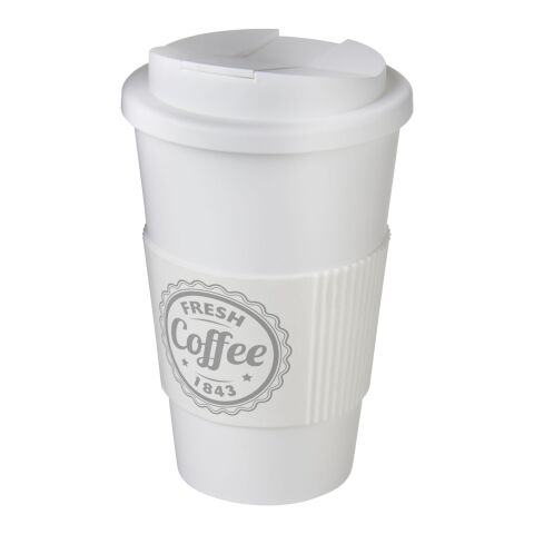 Nachhaltiger Werbeartikel Americano 350 ml Isolierbecher mit Schutzring & auslaufsicherem Schraubverschluss – weiß – mit Logo bedruckt