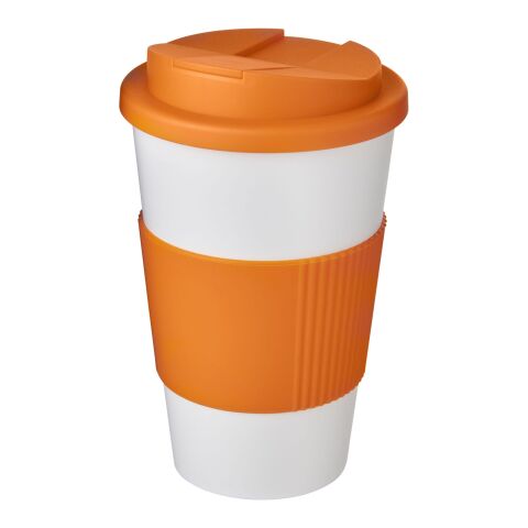 Nachhaltiger Werbeartikel Americano 350 ml Isolierbecher mit Schutzring & auslaufsicherem Schraubverschluss – weiss-orange