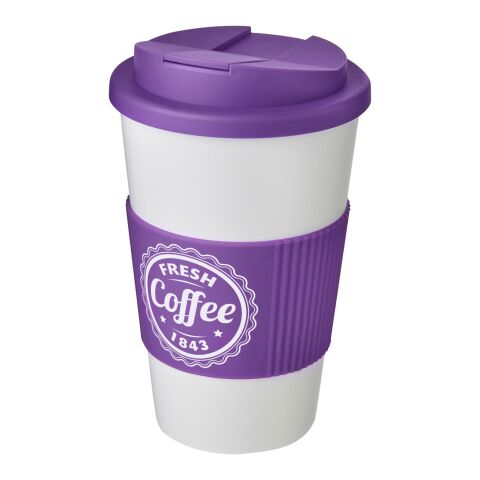 Nachhaltiger Werbeartikel Americano 350 ml Isolierbecher mit Schutzring & auslaufsicherem Schraubverschluss – weiss-lila – mit Logo bedruckt