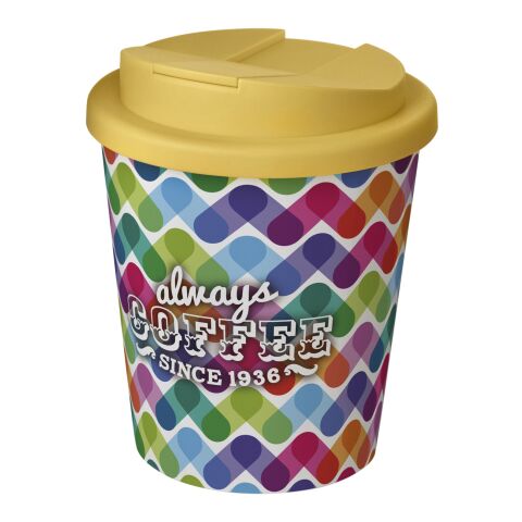 Nachhaltiger Werbeartikel Americano Espresso 250 ml Isolierbecher mit auslaufsicherem Schraubverschluss – weiß-gelb – mit Logo bedruckt