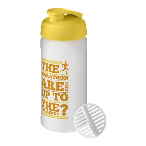 Werbeartikel Baseline Plus Shaker 500ml Protein-Mixer Shaker-Ball Klappdeckel auslaufsicher Sport Made in UK – gelb-klar mattiert – mit Logo bedruckt
