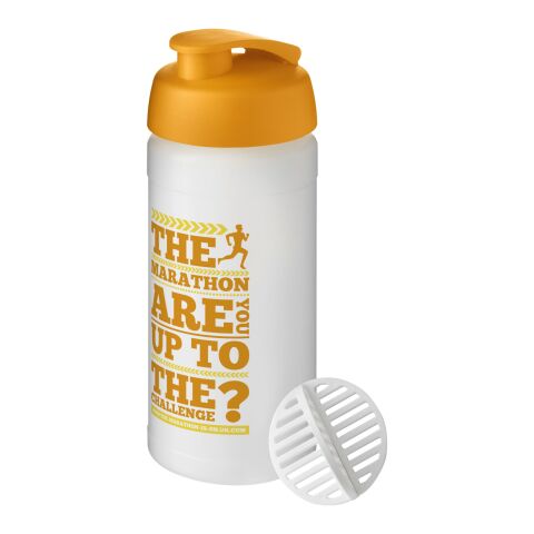 Werbeartikel Baseline Plus Shaker 500ml Protein-Mixer Shaker-Ball Klappdeckel auslaufsicher Sport Made in UK – orange-klar mattiert – mit Logo