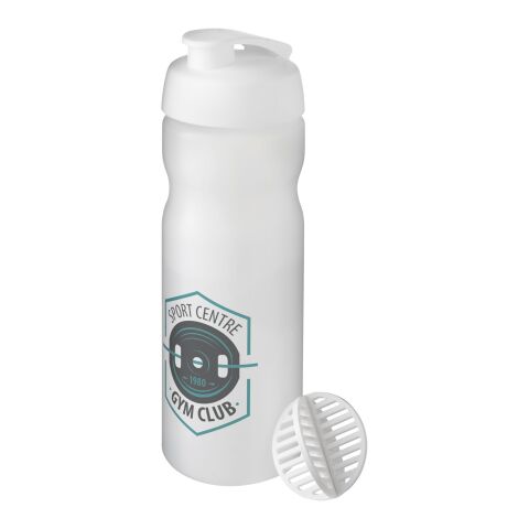 Werbeartikel Baseline Plus Shaker 650ml Protein-Mixer Shaker-Ball Klappdeckel auslaufsicher Sport Made in UK – weiss-klar mattiert – mit Logo bedruckt