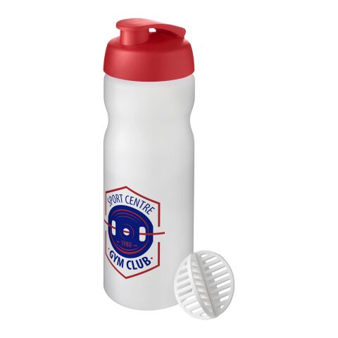 Werbeartikel Baseline Plus Shaker 650ml Protein-Mixer Shaker-Ball Klappdeckel auslaufsicher Sport Made in UK – rot-klar mattiert – mit Logo bedruckt