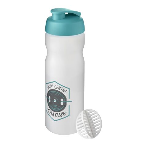 Werbeartikel Baseline Plus Shaker 650ml Protein-Mixer Shaker-Ball Klappdeckel auslaufsicher Sport Made in UK – aquablau-klar mattiert – mit Logo