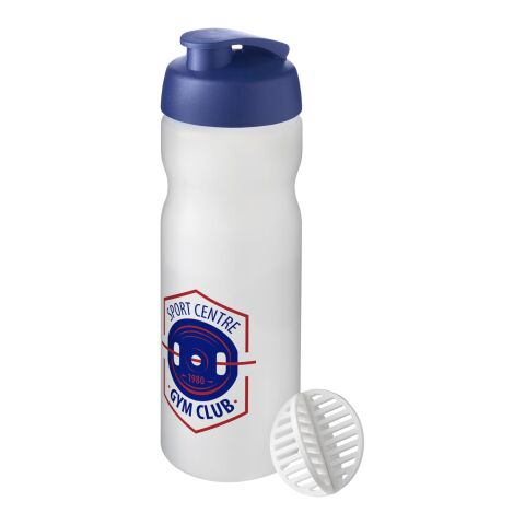 Werbeartikel Baseline Plus Shaker 650ml Protein-Mixer Shaker-Ball Klappdeckel auslaufsicher Sport Made in UK – blau-klar mattiert – mit Logo bedruckt