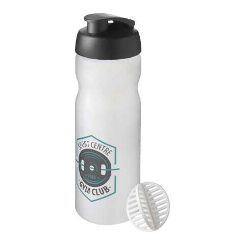 Werbeartikel Baseline Plus Shaker 650ml Protein-Mixer Shaker-Ball Klappdeckel auslaufsicher Sport Made in UK – schwarz-klar mattiert – mit Logo