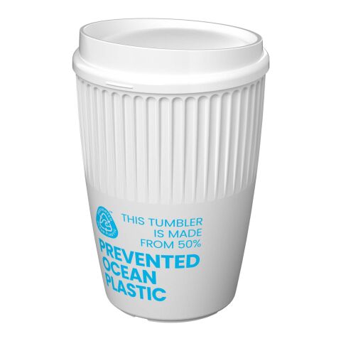 Werbeartikel Cirrus 350 ml Coffee-to-go Kaffeebecher einwandig mit Deckel & Isolierrillen aus Recycling-Kunststoff – weiß – mit Logo bedruckt