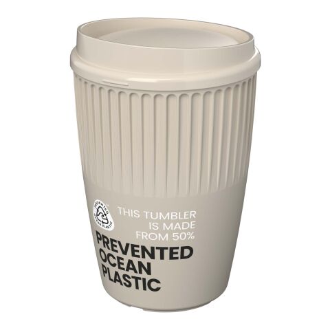 Werbeartikel Cirrus 350 ml Coffee-to-go Kaffeebecher einwandig mit Deckel & Isolierrillen aus Recycling-Kunststoff – sandstone – mit Logo bedruckt