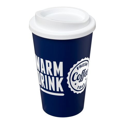 Werbeartikel 350 ml Americano Isolierbecher, doppelwandiger Coffee-to-go-Becher Made in UK – weiß-blau – mit Logo bedruckt