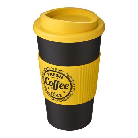 Americano® 350 ml Isolierbecher mit Schraubdeckel und Silikonmanschette gelb-schwarz | 1-farbiger Siebdruck | Becher | 228 mm x 73 mm