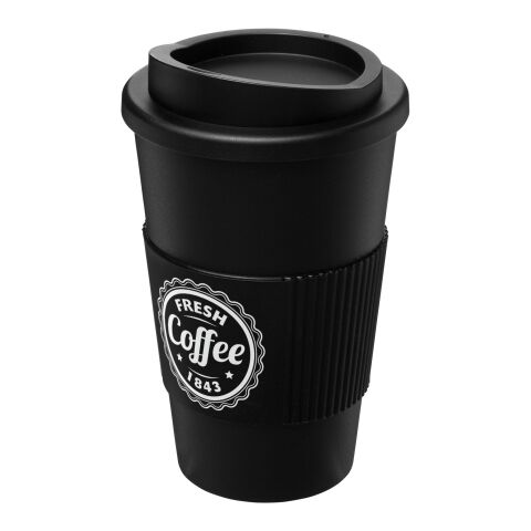 Nachhaltiger Werbeartikel Americano 350 ml Isolierbecher mit Schraubdeckel und Silikonmanschette – schwarz – mit Logo bedruckt