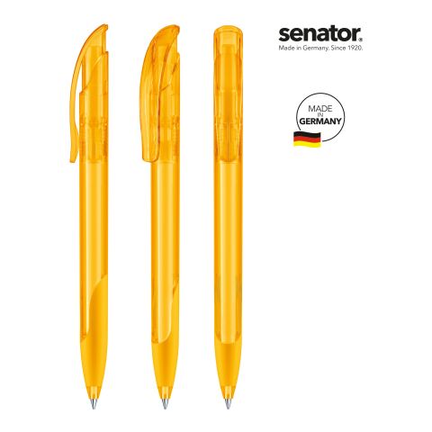 Werbeartikel Senator Challenger Clear Druckkugelschreiber – gelb – mit Logo bedruckt, blau schreibend für den Büroalltag