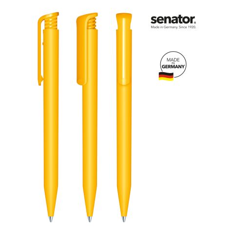 Werbemittel senator Super Hit Matt Kugelschreiber – gelb – mit Logo bedruckt Druckkugelschreiber blau schreibend für Messen & Events
