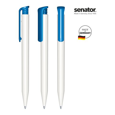 Streuartikel senator Super Hit Polished Basic Druckkugelschreiber – weiß-blau – mit Logo bedruckt schwarz schreibend für Messe-Giveaway
