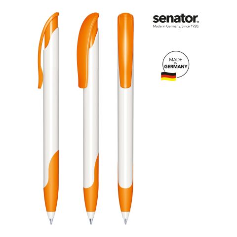 Werbeartikel senator Challenger Polished Basic – weiß-orange – mit Logo bedruckt Druckkugelschreiber marine blau schreibend für Büroausstattung